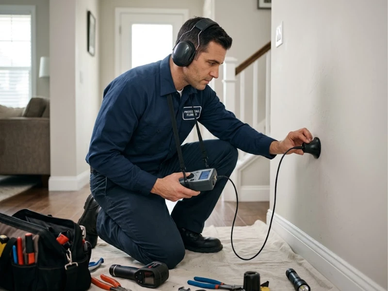 Technician inspecting walls and fixtures for hidden water leaks in a Chicago home
